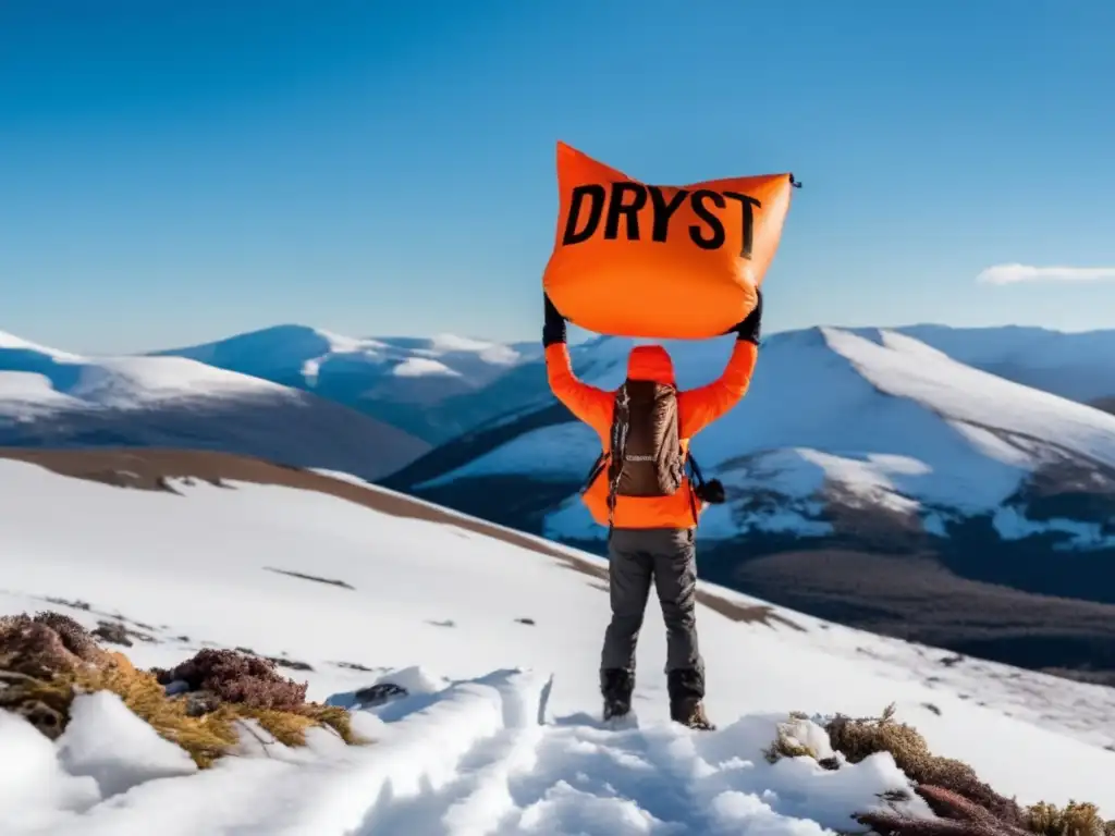 A person stands atop a snowy mountain, bathed in sunlight, holding a bright orange dry bag and a coat