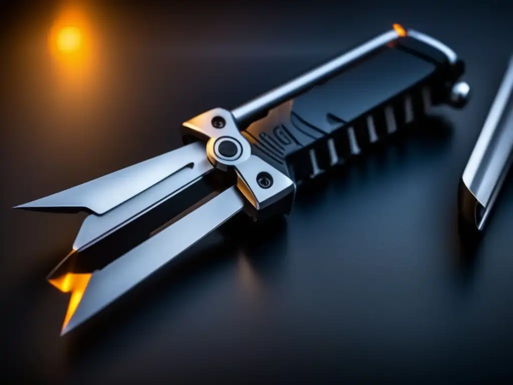 A sleek and modern multifunction survival tool sits motionless under a warm, directional light source in a dark and moody environment