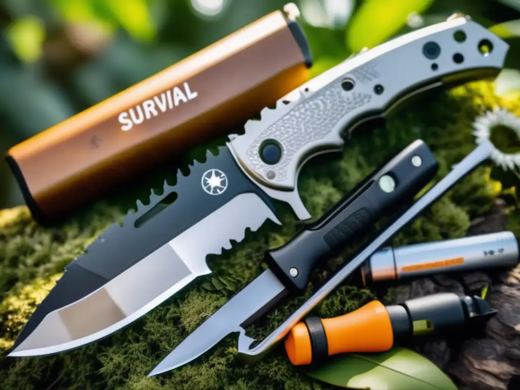 A survivalist's best friend: A silver survival knife with a variety of multifunctional tools at its edge, basking in the sunlight