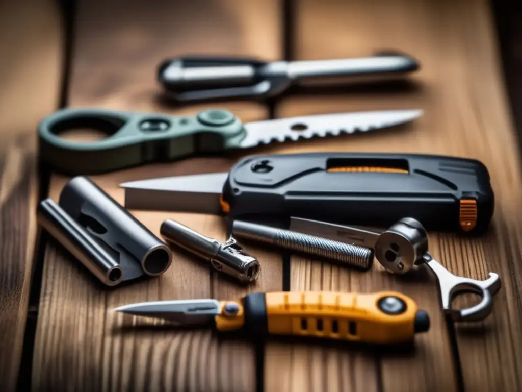 An image of a collection of multitool kits spread out on a wooden table, surrounded by rustic elements and bathed in cinematic lighting