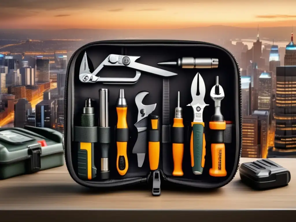 A multitool kit, perfectly organized and brimming with gadgets, is displayed against a cityscape backdrop