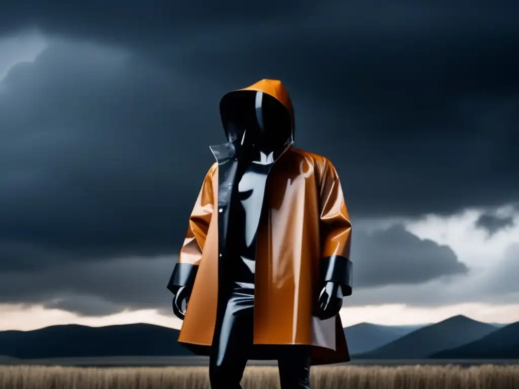 A dramatic and cinematic heavy-duty raincoat with a glossy black exterior and mustard yellow interior, portraying a solemn expression on the strategically placed mannequin set against a gloomy and overcast sky with thunder looming in the background