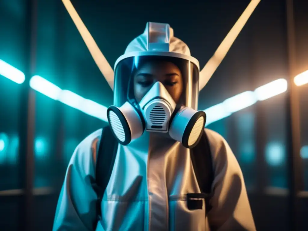 N95 respirator suit seamlessly blends into the environment with subtle lighting and ethereal effect; gaze and learn more