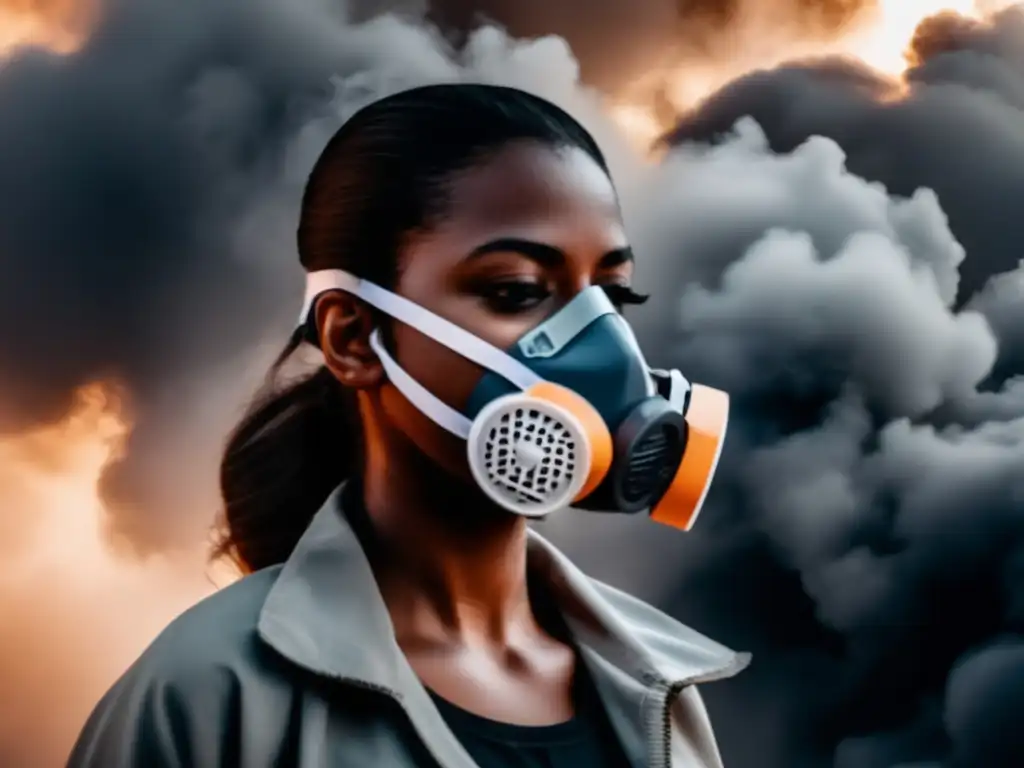 A determined individual in a hazardous environment, wearing an N95 respirator