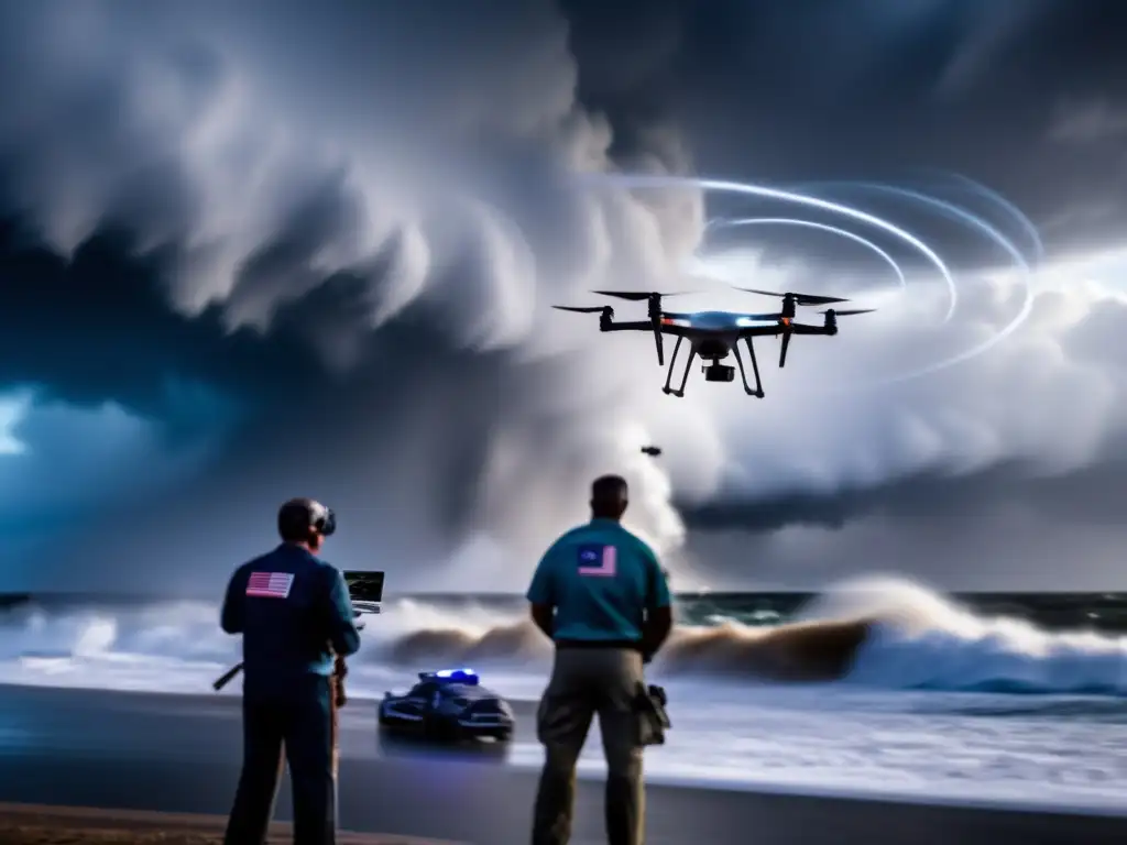 NASA personnel studying a hurricane from above with a drone, as dramatic lighting highlights the swirling winds and intense energy of the storm