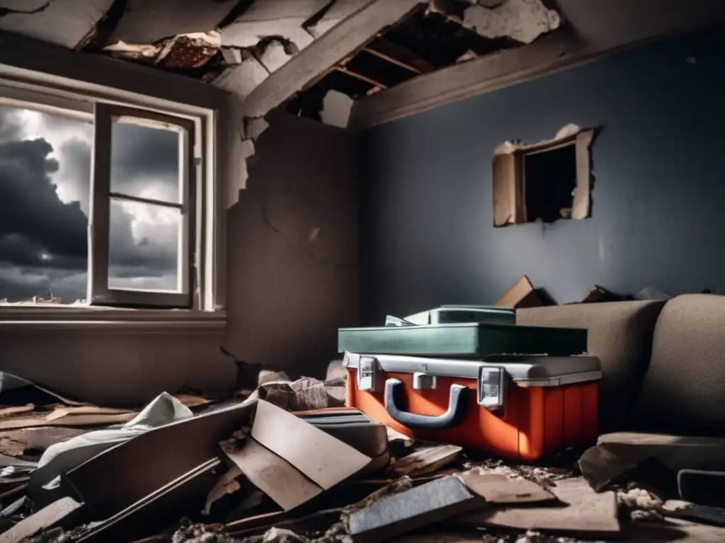 A person in a destroyed home, holding a flashlight and a first aid kit, amidst debris, cracked walls, and broken windows