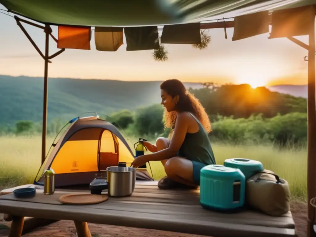 A serene woman camps amidst lush greenery, with rustic equipment and a portable sink