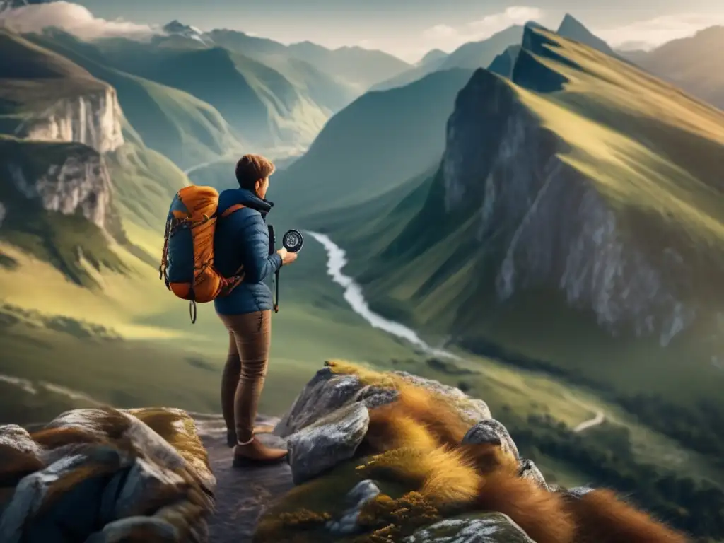 A lonely figure stands on the edge of a cliff, using a compass and GPS to navigate through the vast mountain wilderness