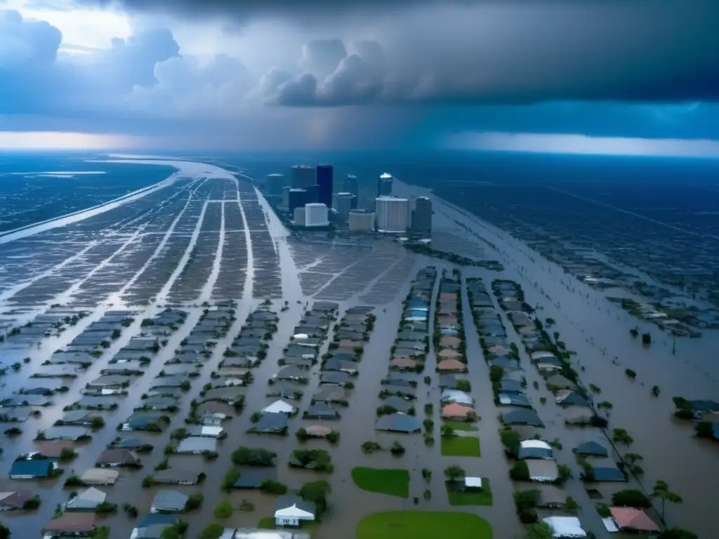 Dramatic aerial shot of flooded New Orleans during Hurricane Katrina, levees damage homes and businesses, inundating city with water