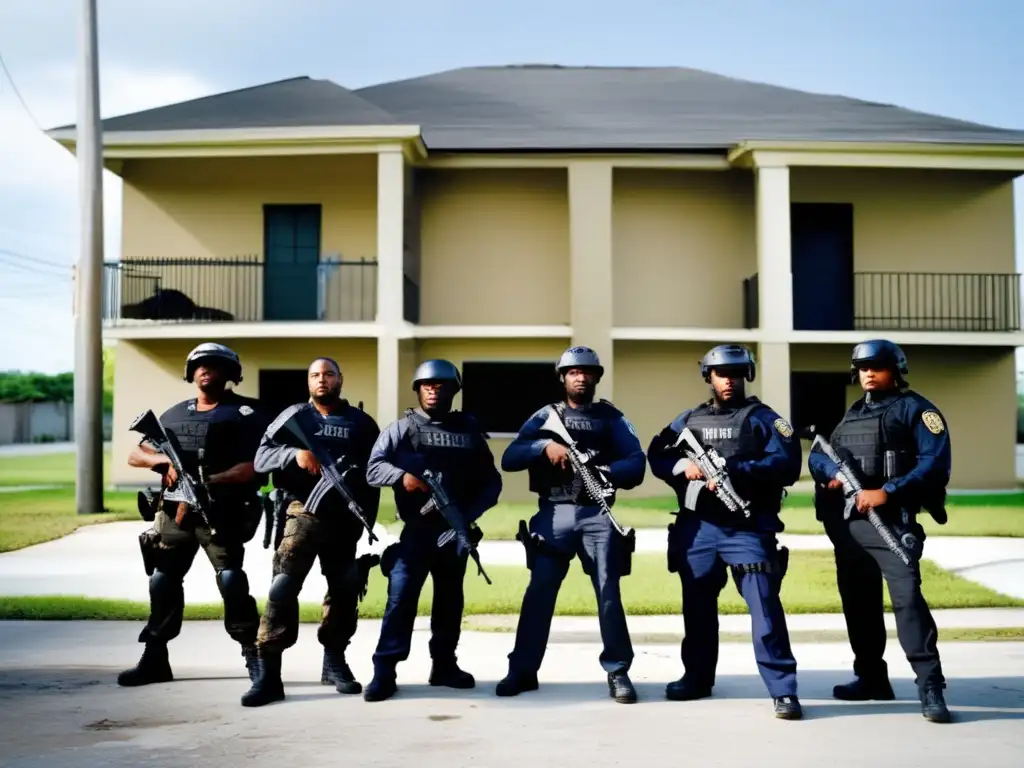 Dramatic and tense scene of heavily armed government agents facing off against New Orleans housing complex after 2006 gun grab operation