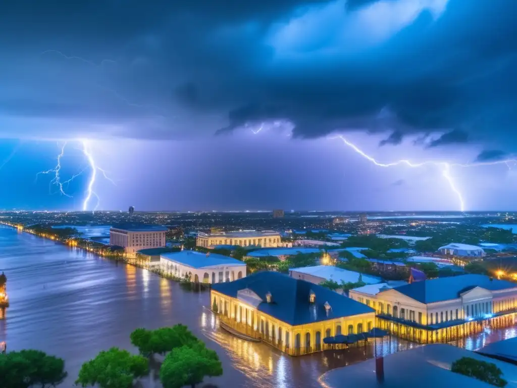 A powerful hurricane hits New Orleans, leaving the French Quarter and Audubon Park under attack