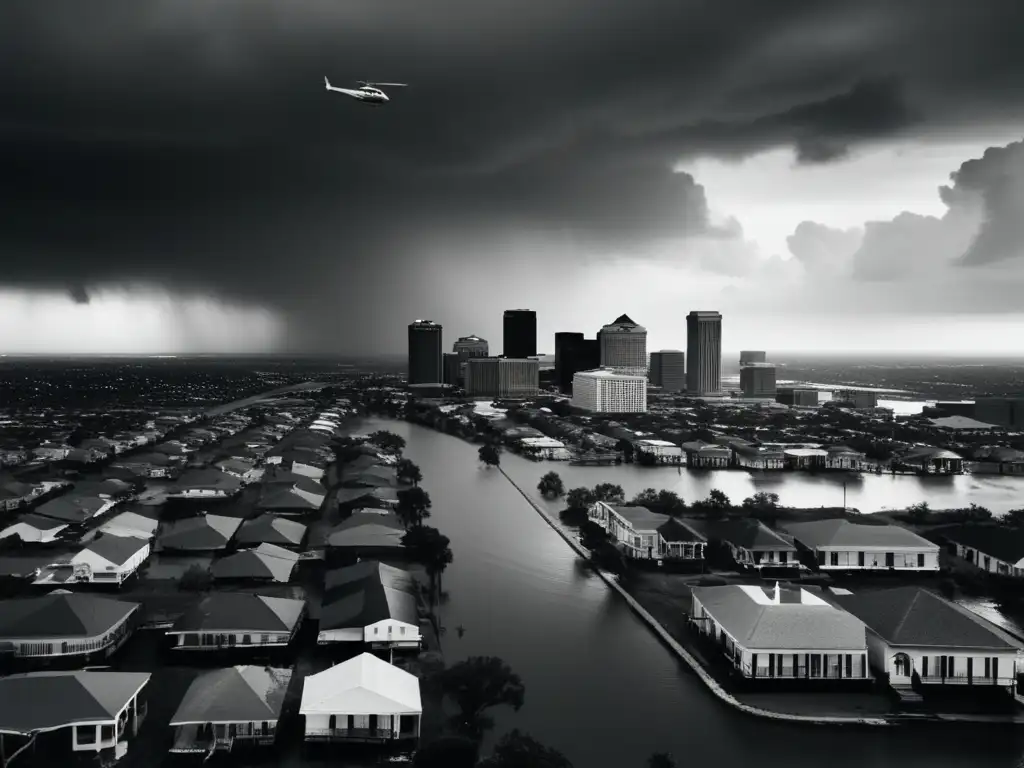 Black and white aerial shot of New Orleans during a storm, captured over the levees