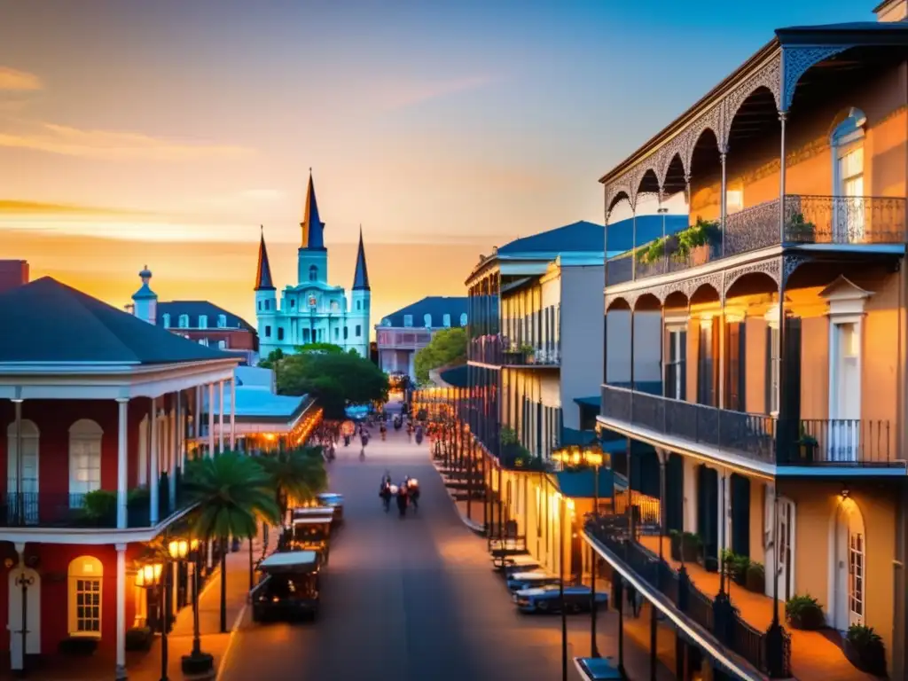 A captivating shot of New Orleans city skyline at sunset, with wroughtiron balconies and colonial-style buildings rising towards the sky