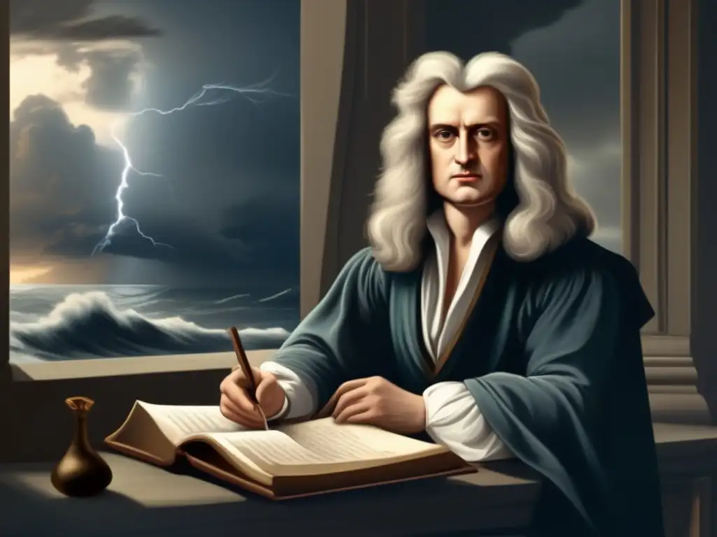 A contemplative and captivating portrait of Sir Isaac Newton, standing alone in a dimly lit room, as he gazes towards a tempestuous seascape outside