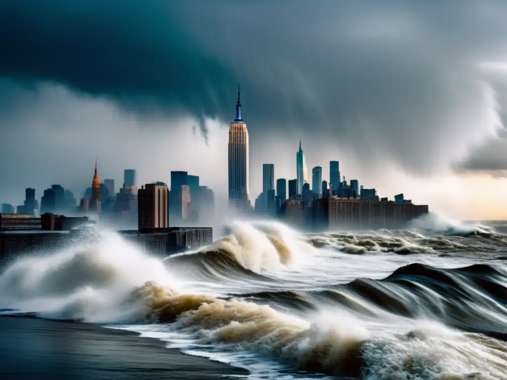 During a raging hurricane, New York City's skyline is transformed into a chaotic scene