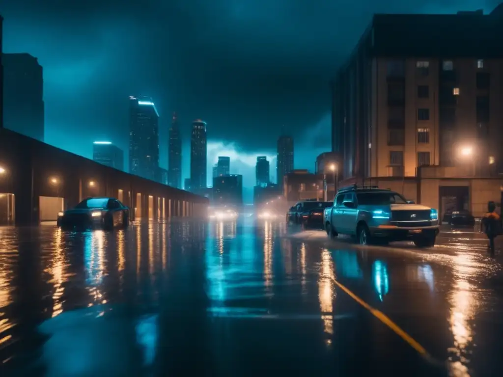 floodlit cityscape at night, rain illuminates deserted streets