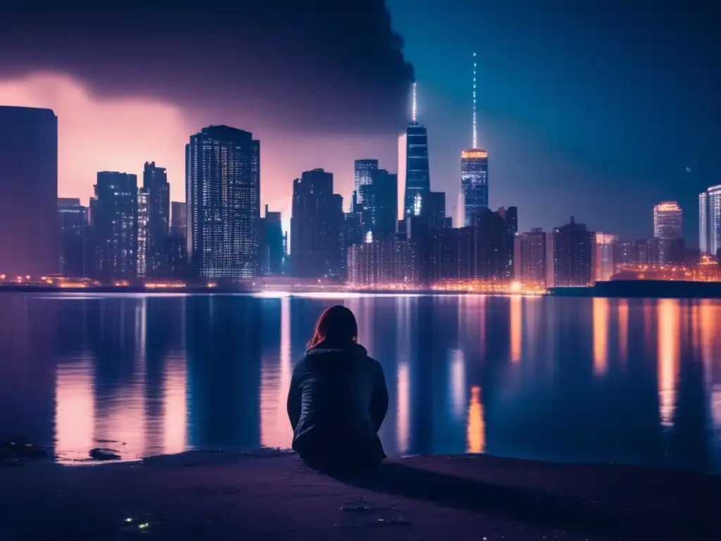 A solitary figure in the emptiness of an abandoned building, overlooks the chaos of the city at night