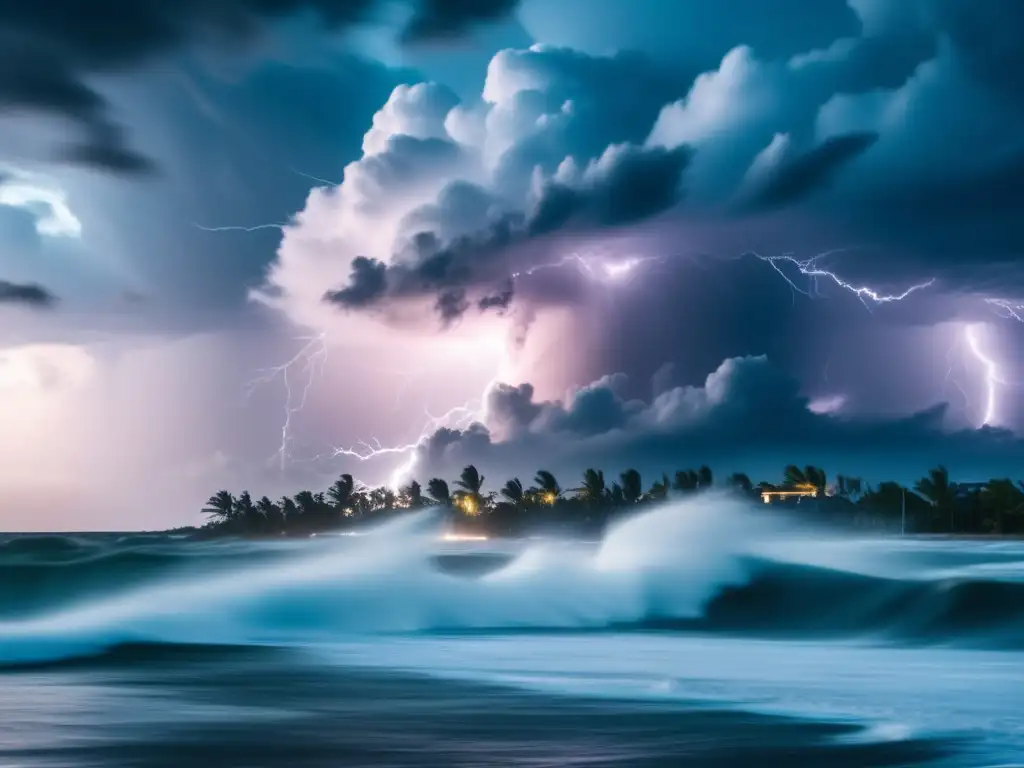 A breathtaking cinematic image of a hurricane, with towering clouds and lightning bolts lighting up the dark Atlantic waters