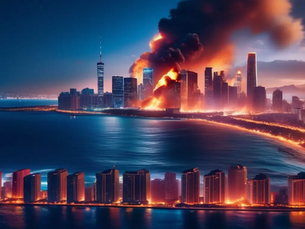 Dynamic cityscape at night, with a rising ocean in the background, skyrocketing flames, and buildings collapsing in the midst of chaos