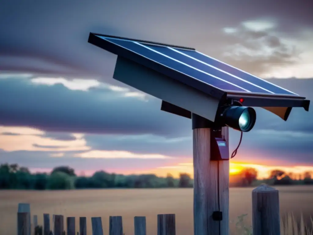 A cinematic infrared night vision camera with a solar panel, captures the essence of mystery and danger in this rural landscape at dusk