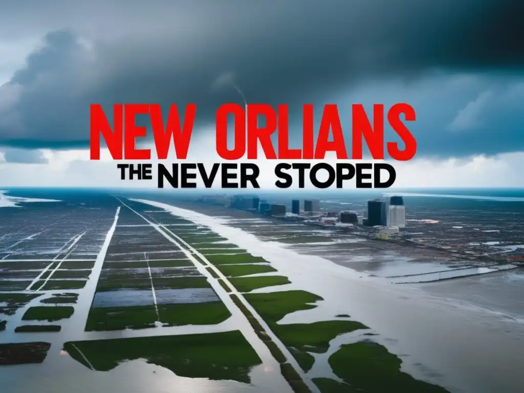 Devastating aerial shot of New Orleans' coastline after Hurricane Katrina hit in 2005, with CNN logo and overcast sky