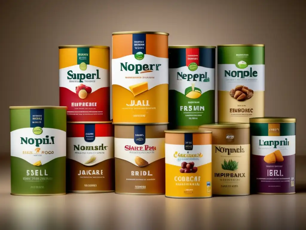 A captivating product shot of diverse nonperishable food packs arranged in a mesmerizing stack, with visible labels and distinct brand color schemes