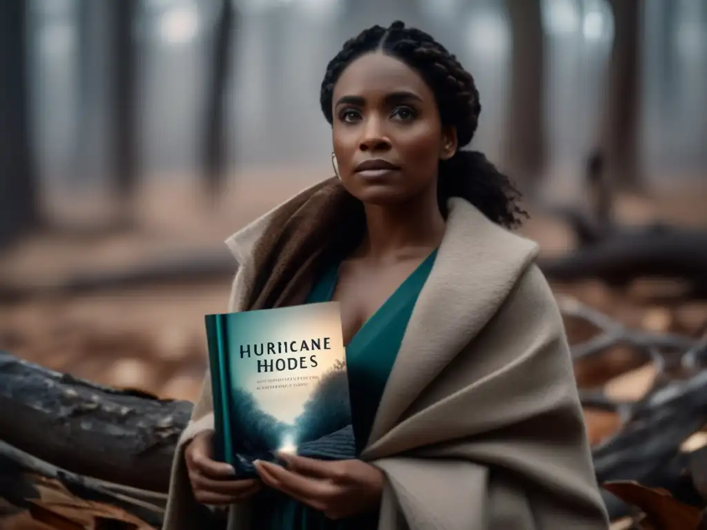 A woman cradles a prized copy of 'Hurricane' amidst fallen debris, creating a cozy nest for her to lose herself in its pages