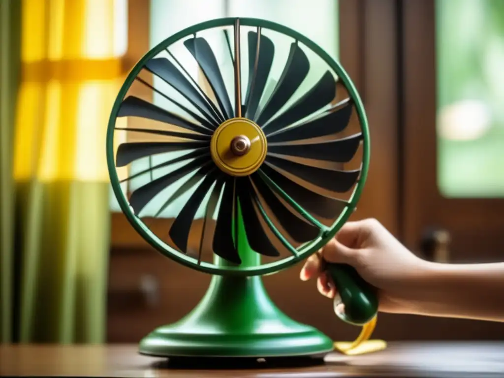 A woman cranks a yellow vintage fan on a wooden table in front of a green-curtained window, where a stunning garden blooms