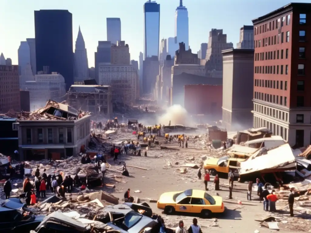 Aftermath of 1999 NYC earthquake: devastated skyline, destroyed buildings, people sifting through debris in bright daylight