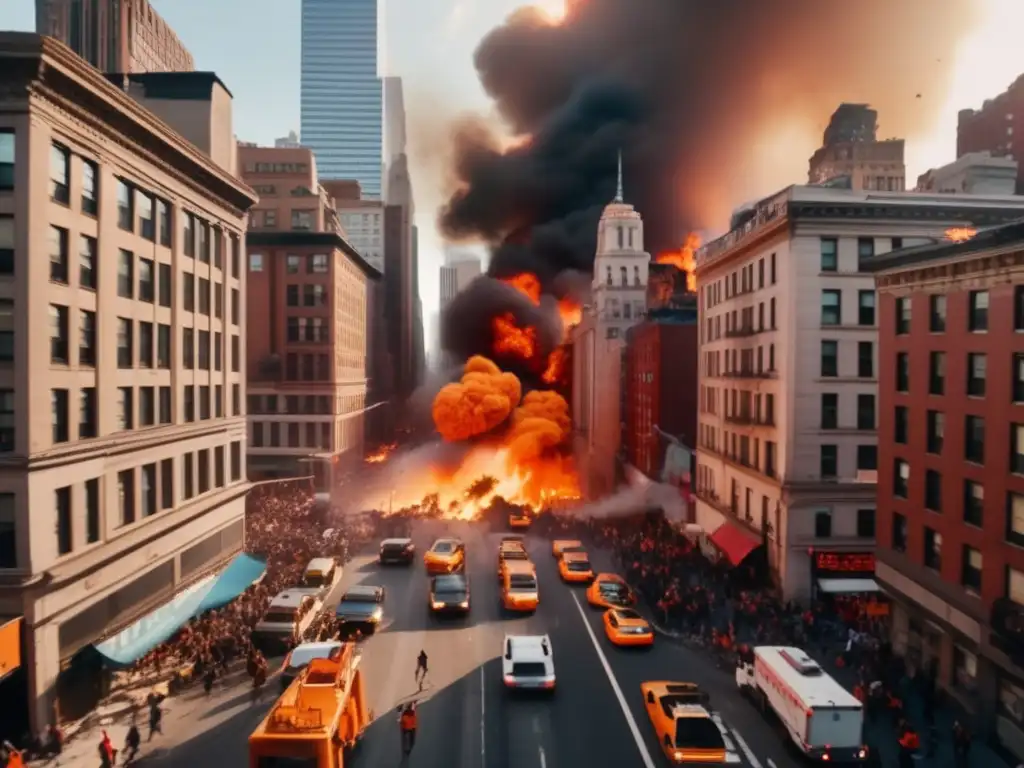 A scene of destruction and chaos in New York City as an earthquake ravages the buildings, leaving people running for their lives