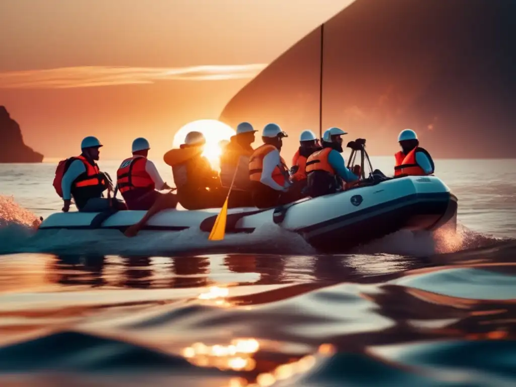 A breathtaking cinematic image of the vast ocean, with a group of individuals aboard a catamaran