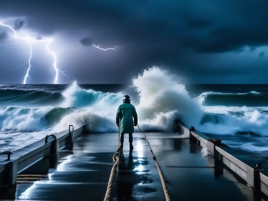 A haunting image of the stormy ocean, with its massive waves crashing onto the concrete pier, scattering glass and debris