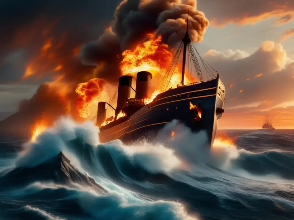 A cinematic shot of a burning ship emerging from the ocean, its flames engulfing the waves