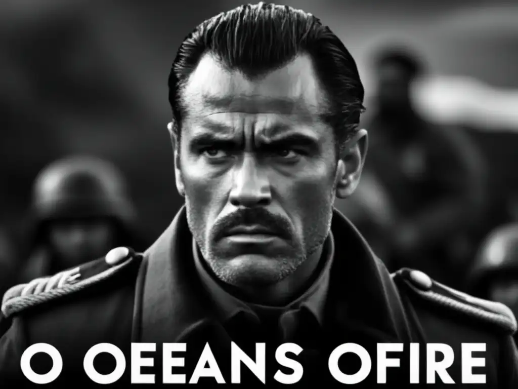 A gripping still from 'Oceans of Fire,' featuring a fierce-looking man in military attire, with the words 'Movie Details' written in bold font