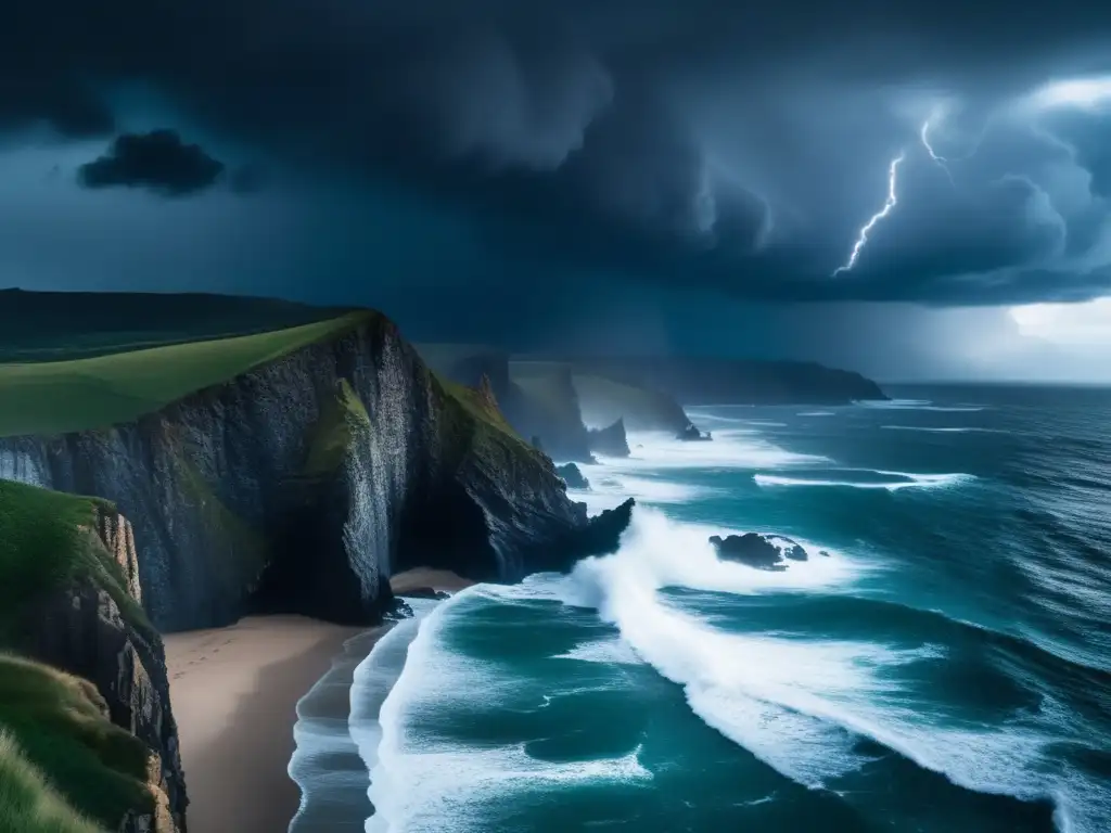 A breathtaking view of the stormy ocean, with towering cliffs in the distance and jagged waves crashing against the shore