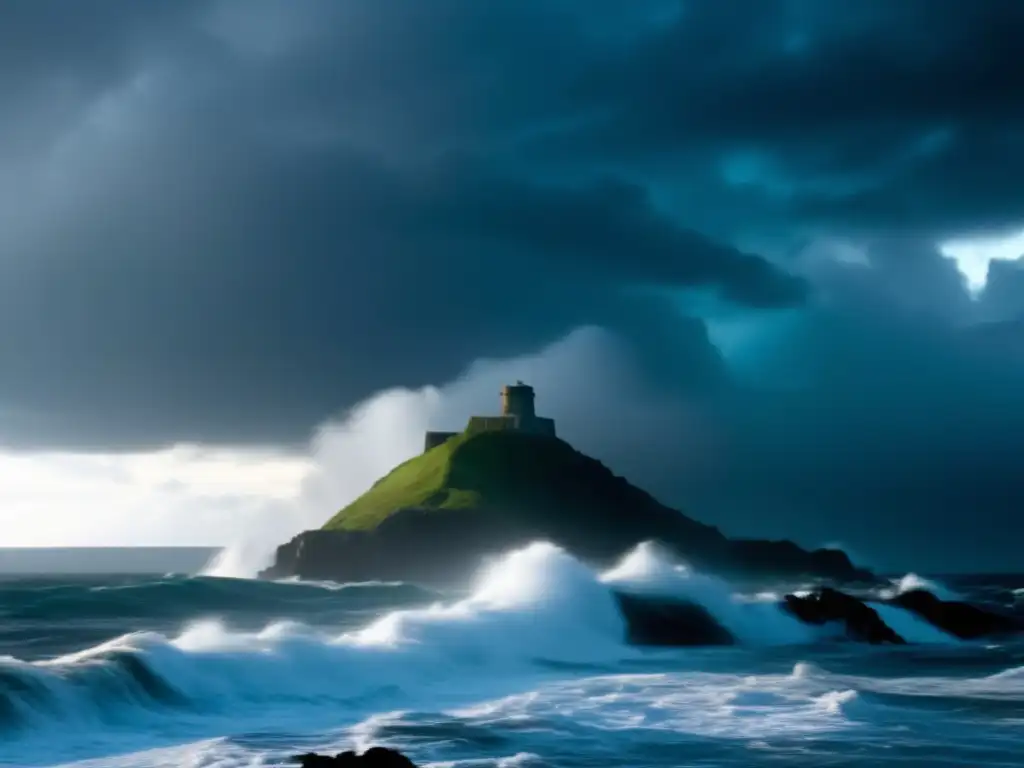 A captivating image inspired by Isaac's Storm (2004), where the ocean violently breaks against a barren coastal island during a storm