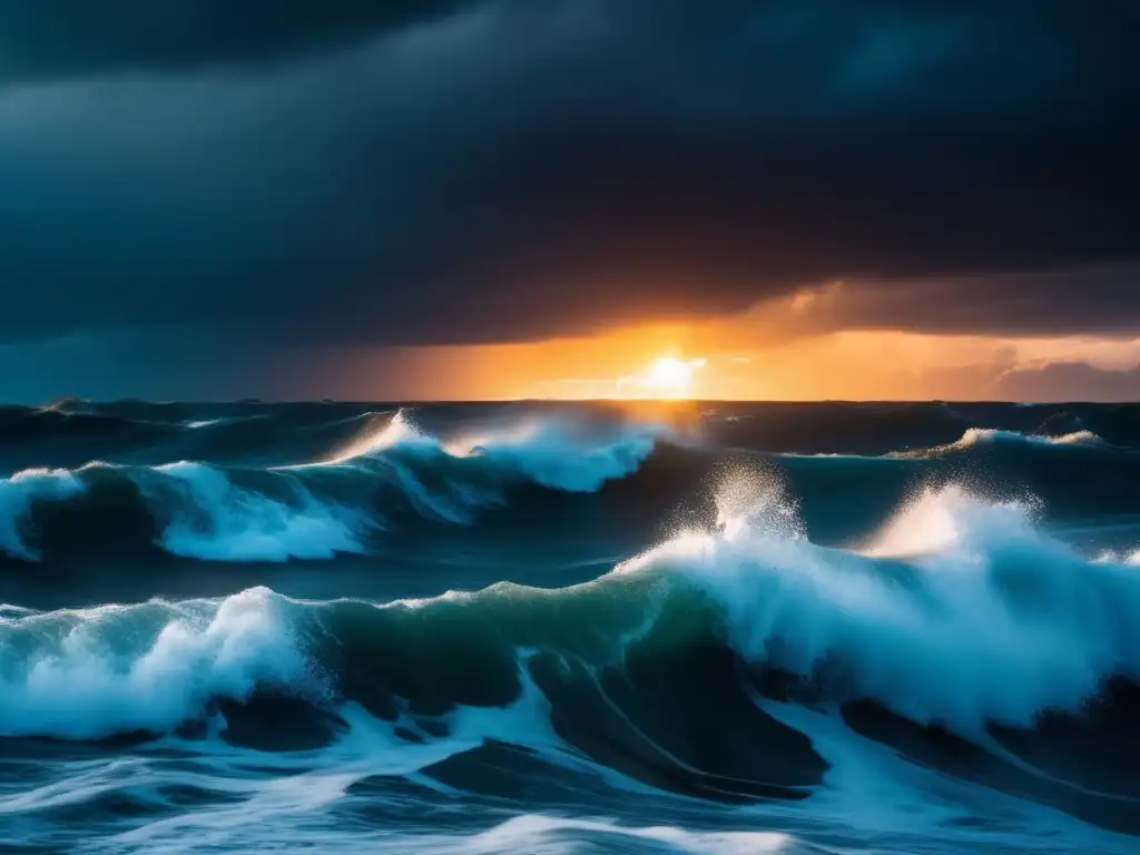 A dramatic image of a stormy ocean with sunlight reflecting off the water, illuminating the turbulent waves