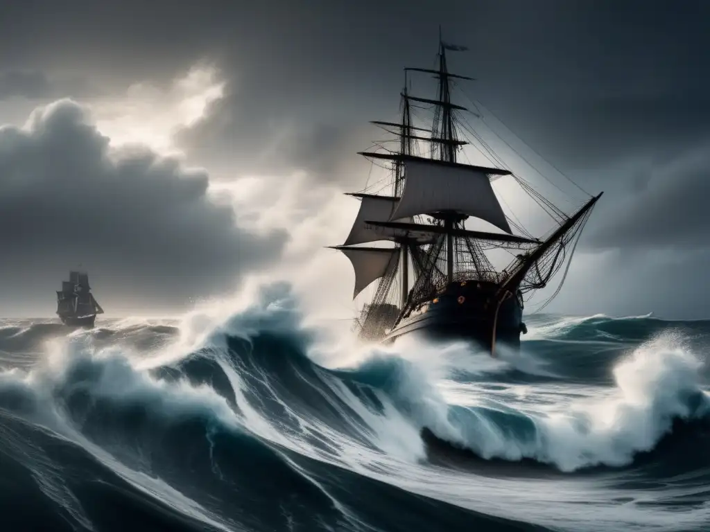 Amidst a tempestuous sea, waves tower and crash, - A ship battles the storm, sails tattered, deck awash