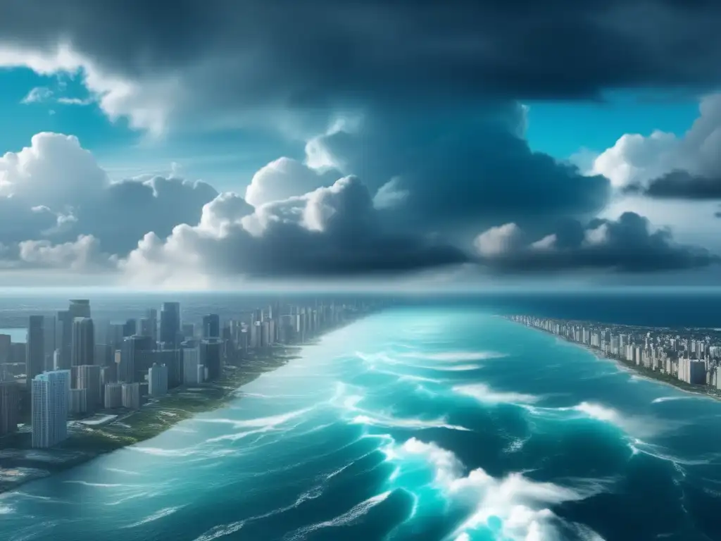 A breathtaking view of a turquoise ocean with cottony clouds, surrounded by a vibrant city skyline