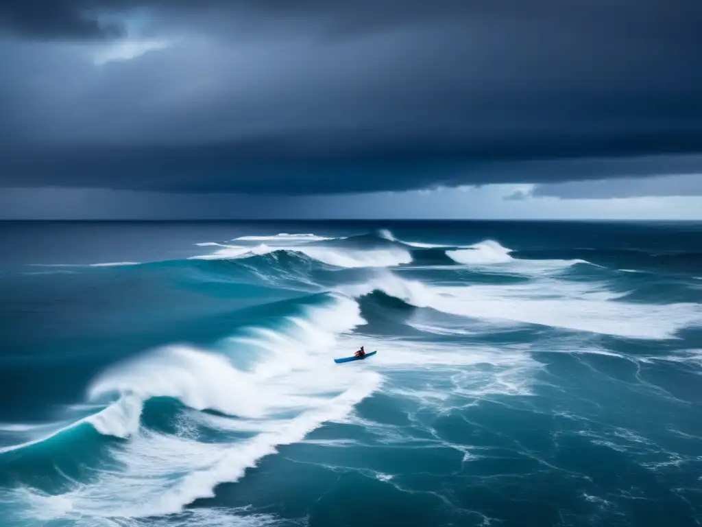 A breathtaking aerial view of the vast blue ocean, with waves crashing against the shore and ominous clouds looming in the background