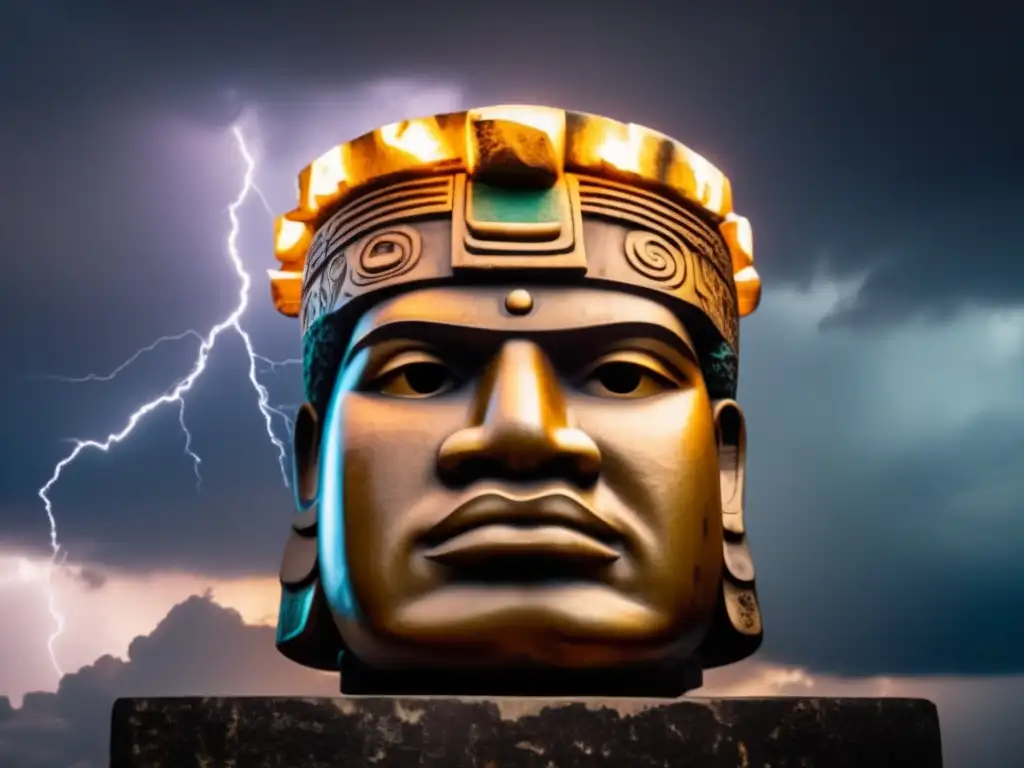 A powerful image of the Olmec Head statue in a stormy setting, with lightning strikes illuminating its face