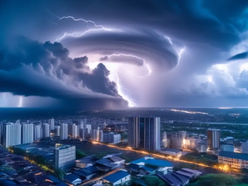 Destructive cyclone rages, swirling clouds with thunder and lightning, casting ominous shadow