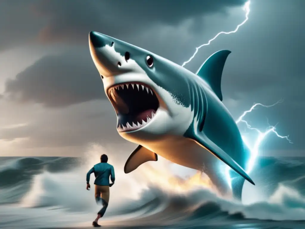 Dash: A still shot of a man running from a giant shark with lightning strikes in the background, the all-black sky appearing ominous and the ocean with towering waves crashing in the background