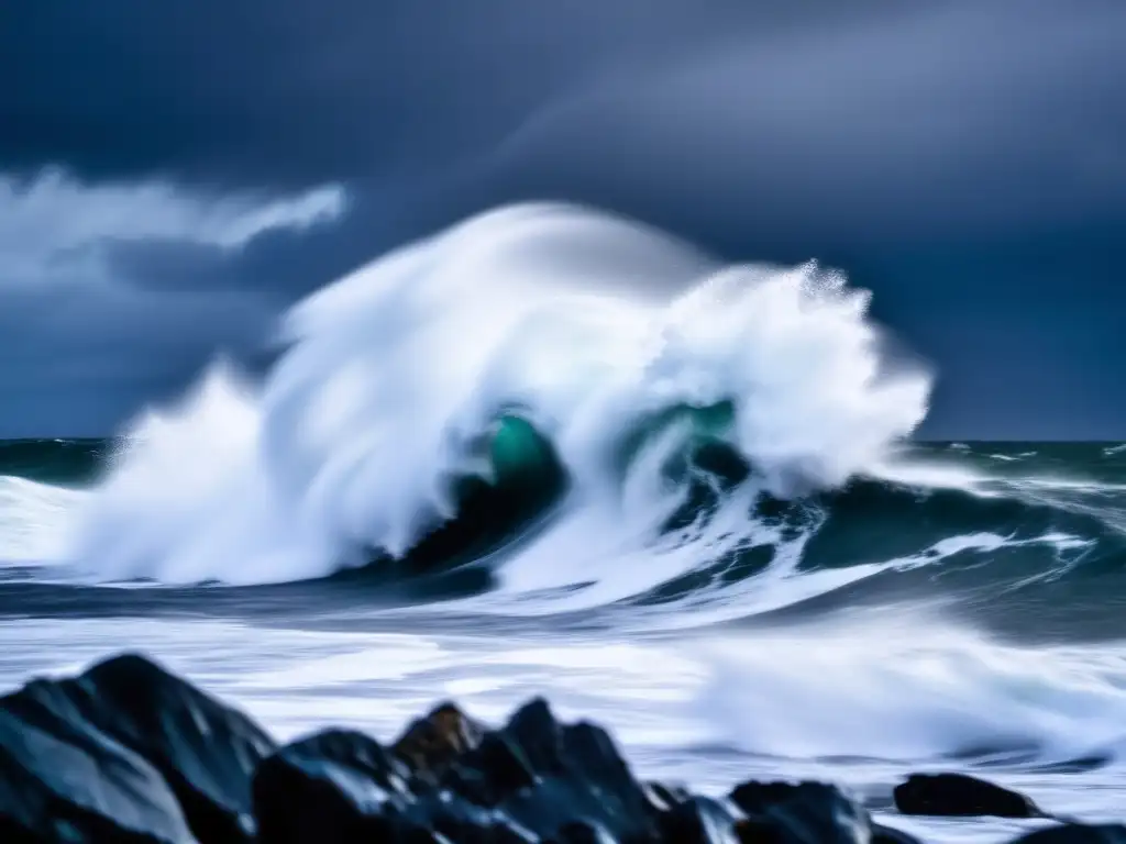 Dash: A gripping lowangle shot of waves relentlessly assaulting a rocky coast amidst a tempestuous sky