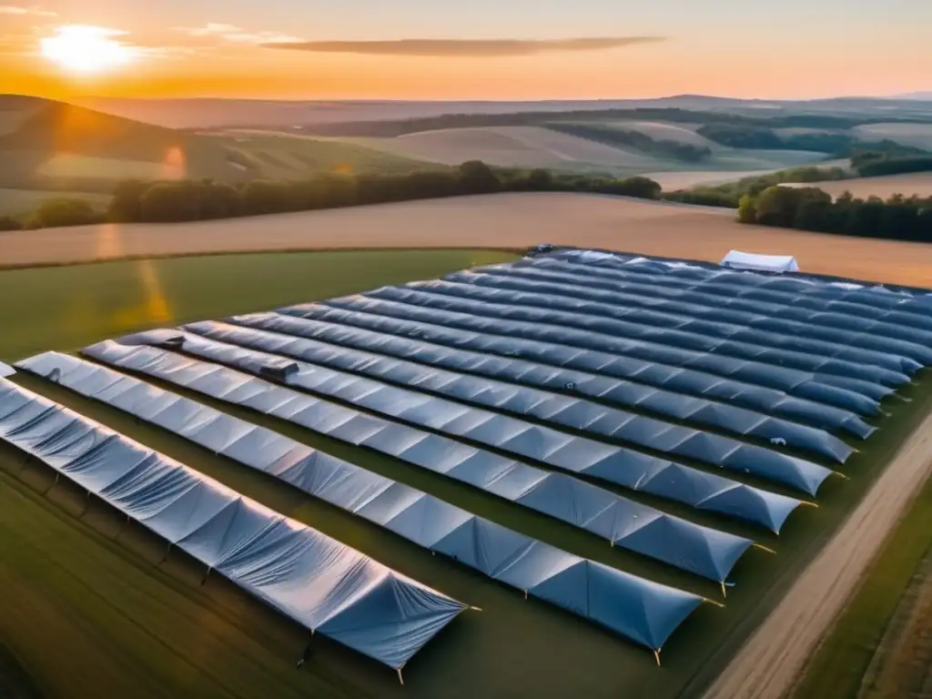 The sun sets over an open field, casting a warm glow on various-sized tarp spreads