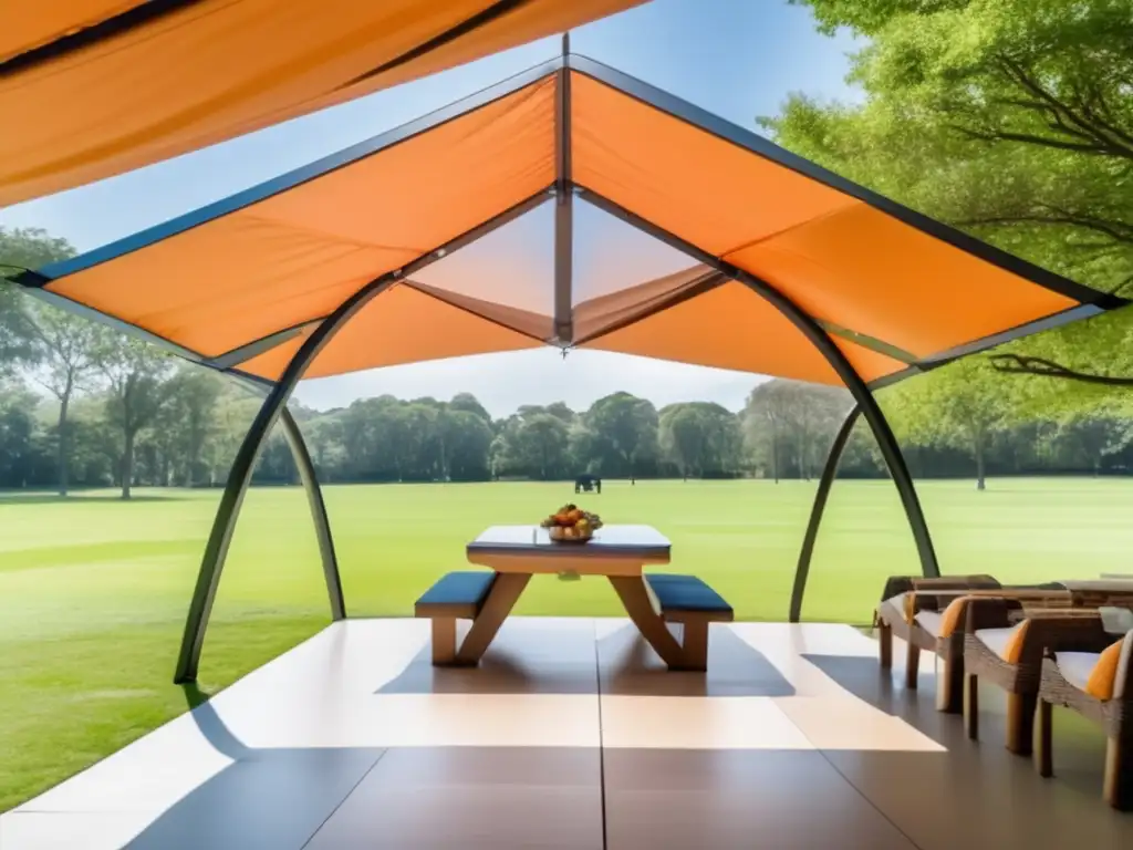 A cinematic image of a pyramid-shaped orange canopy covering two people sitting under it on foldable chairs with a picnic basket on the table