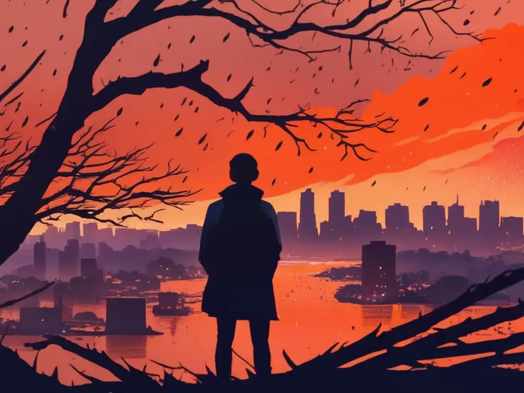 A person looks out over a devastated cityscape, silhouetted against an orange sky with raindrops on their cheeks