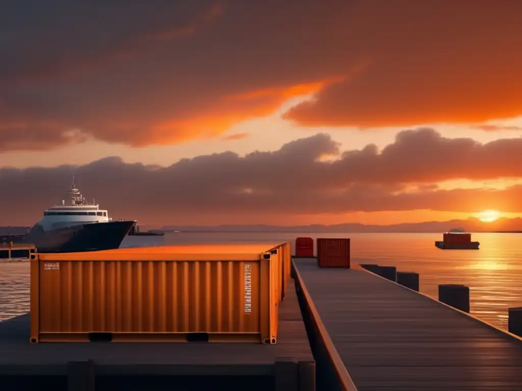 A stunning cinematic image of an orange sunset on the waterfront, with waterproof storage containers stacked high on a dock and a calm, slightly cloudy sky above