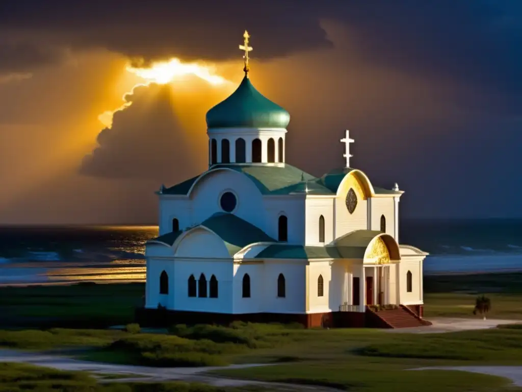 The iconic Orthodox Christian Church of Saint Nicholas stands proudly on Galveston Island during the aftermath of Hurricane Ike, its resilience and faith illuminated by the warm glow of the setting sun