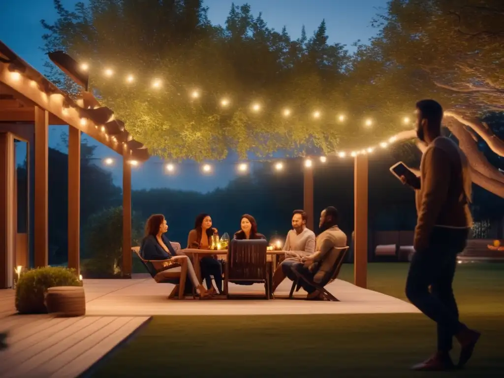 A cinematic image of a normally lit outdoor living space with motion sensor security light illuminating a sense of safety and security